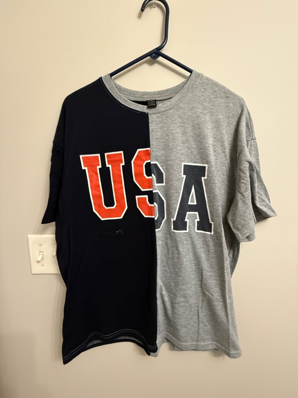 SHEIN Oversized Split-Color USA Graphic Tee - Navy & Heather Gray
